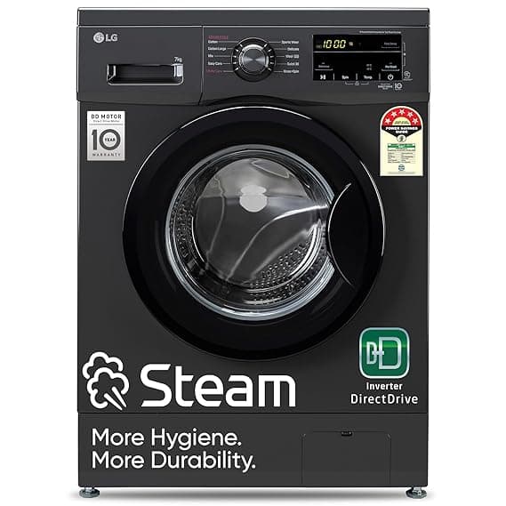 LG 7 Kg 5 Star Inverter Touch panel Fully-Automatic Front Load Washing Machine with In-Built Heater (FHM1207SDM, Middle Black, Steam for Hygiene Wash)